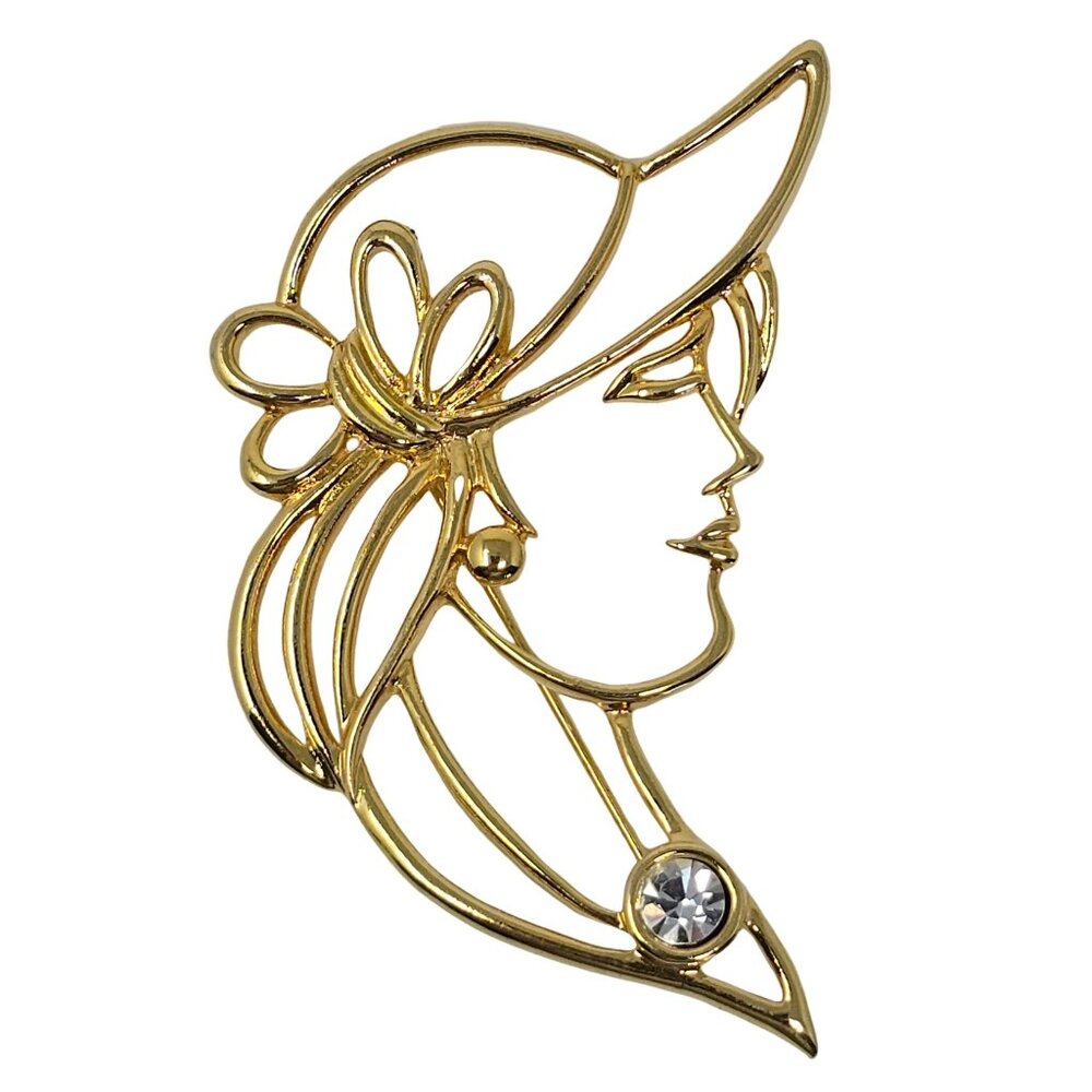 Vintage Tona Lady in Hat Brooch Gold Tone Outline Rhinestone Accent
